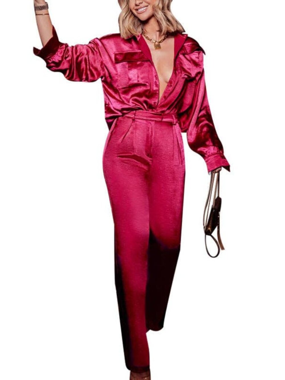 Pink Satin Button Down Long Sleeve Top & High-Waist Wide-Leg Pants -SOLD AS SET